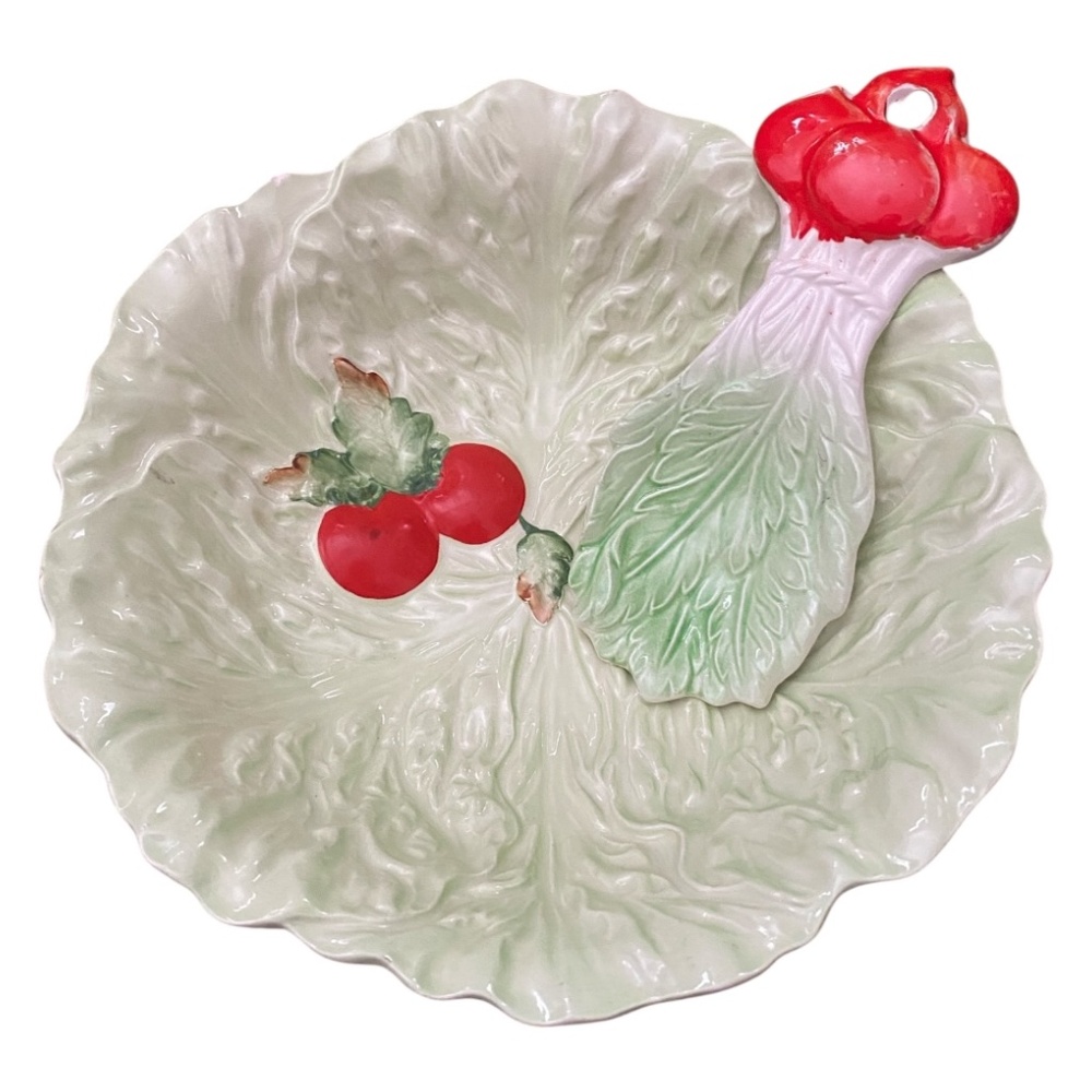 Vtg Carlton Ware ceramic lettuce leaf & tomato salad bowl & matching spoon rest